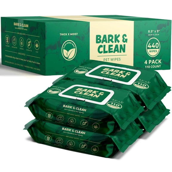 Bark & Clean Dog Wipes for Cleaning and Deodorizing - 440 ct. 8.5" x 9" for Paws, Butt, and Body - Bamboo Pet Wipes - Compostable, Hypoallergenic Puppy Wipes.