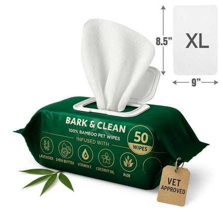 Bark & Clean Dog Wipes for Cleaning and Deodorizing - 50 ct. 8.5" x 9" for Paws, Butt, and Body - Bamboo Pet Wipes - Compostable, Hypoallergenic Puppy Wipes.