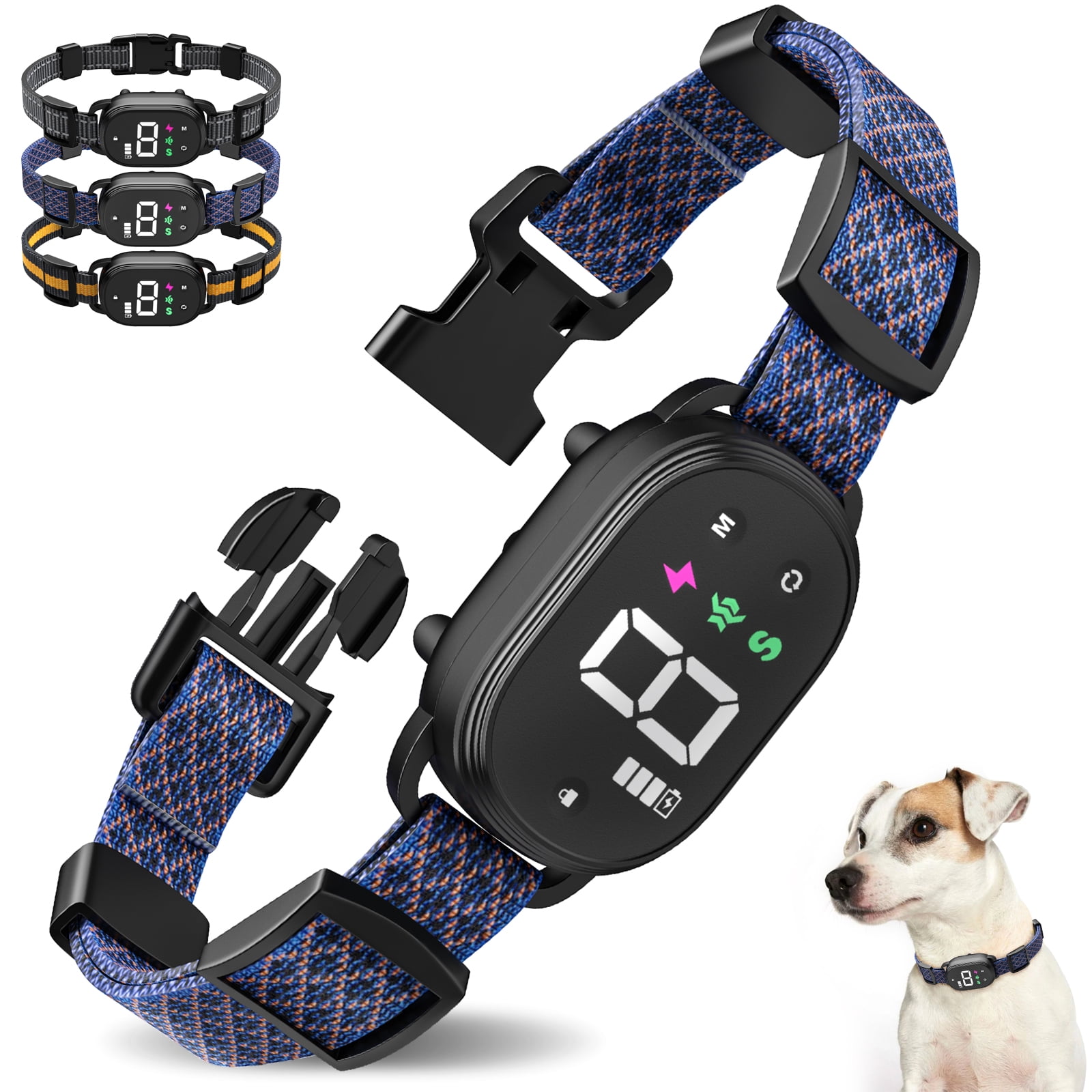 Anti-Bark Training Collar for Dogs, Rechargeable, Adjustable Sensitivity, Beep, Shock - Blue