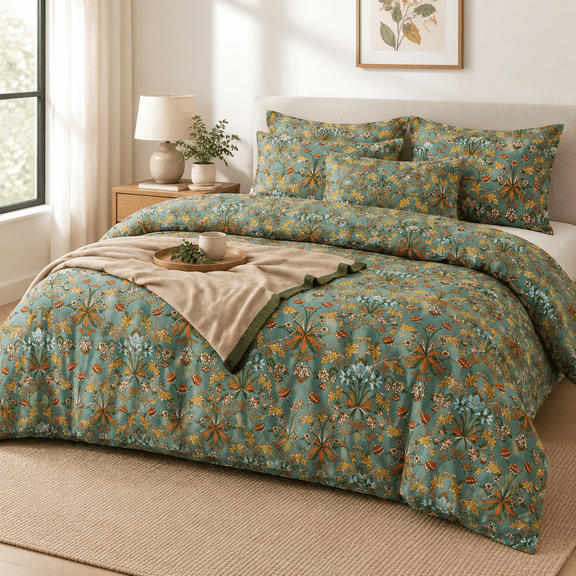 Bark Green Bohemian Queen Size Microfiber Duvet Cover Set 3pc Soft Lightweight Retro Farmhouse