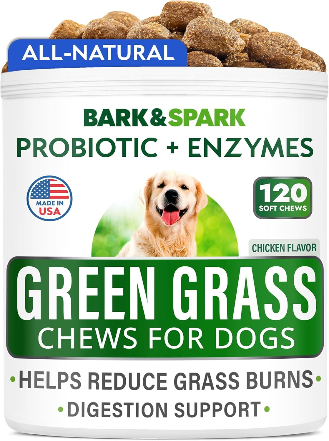 BARK&SPARK All-Natural Grass Burn Spot Chews for Dogs - Pee Lawn Spot Saver - Grass Restore Treats - Dog Urine Neutralizer Solution for Grass Burn Spots - Made in USA - 120 Chews
