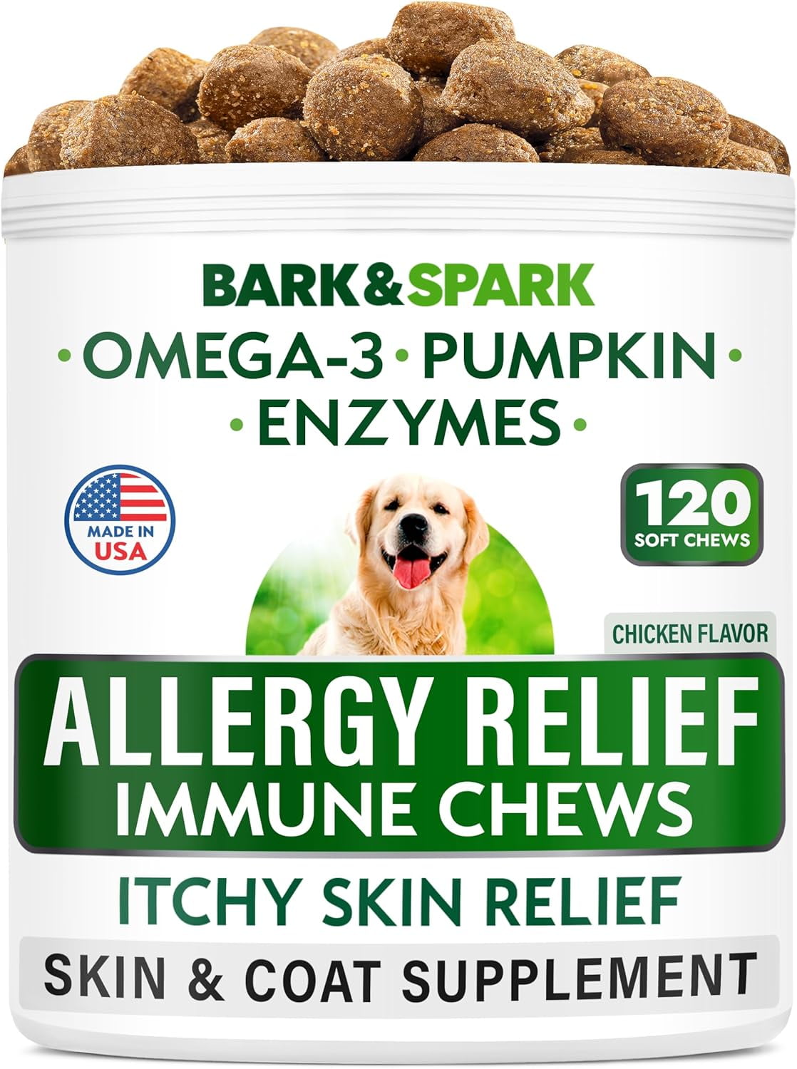 Bark&Spark Allergy Relief Immune Chews for Dogs, Itchy Skin Relief, 120