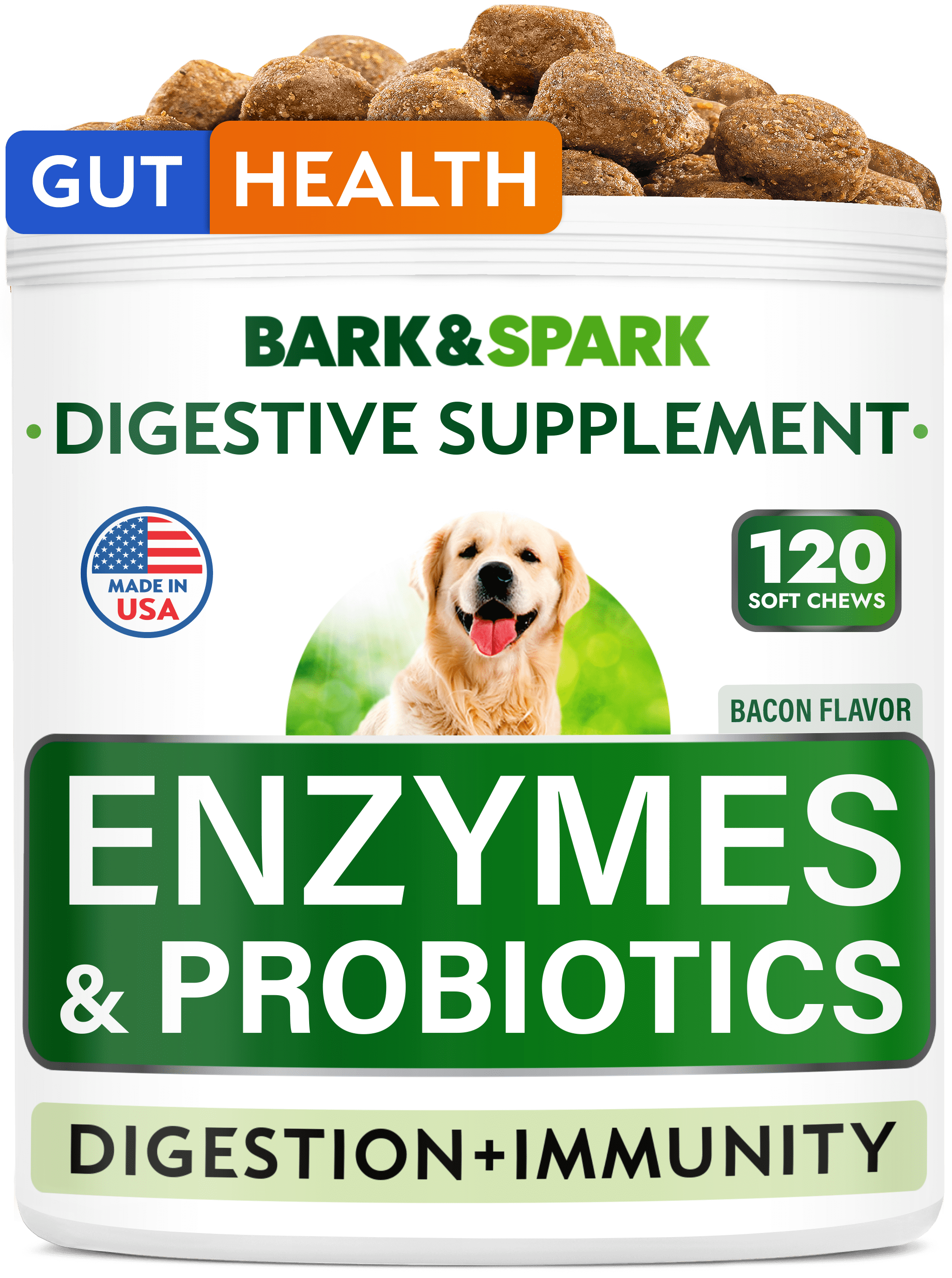 BARK&SPARK Probiotics for Dogs & Digestive Enzymes (Gut Health) Allergy & Itchy Skin - Pet Diarrhea Gas Treatment Upset Stomach Relief Pill, Digestion Health Prebiotic Supplement (120 Count, Bacon)