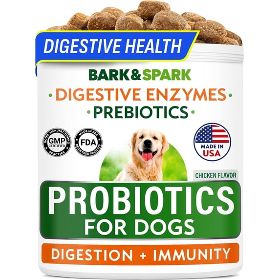 BARK&SPARK Probiotics Chews for Dogs & Digestive Enzymes + Digestion & Gut Health Treats, Probiotics for dogs, Anti Diarrhea, Constipation, Upset Stomach & Gas Relief (120 count, Chicken)