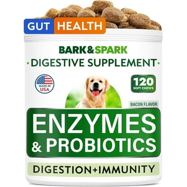 BARK&SPARK Probiotics for Dogs & Digestive Enzymes (Gut Health) Allergy & Itchy Skin - Pet Diarrhea Gas Treatment Upset Stomach Relief Pill, Digestion Health Prebiotic Supplement (120 Count, Bacon)