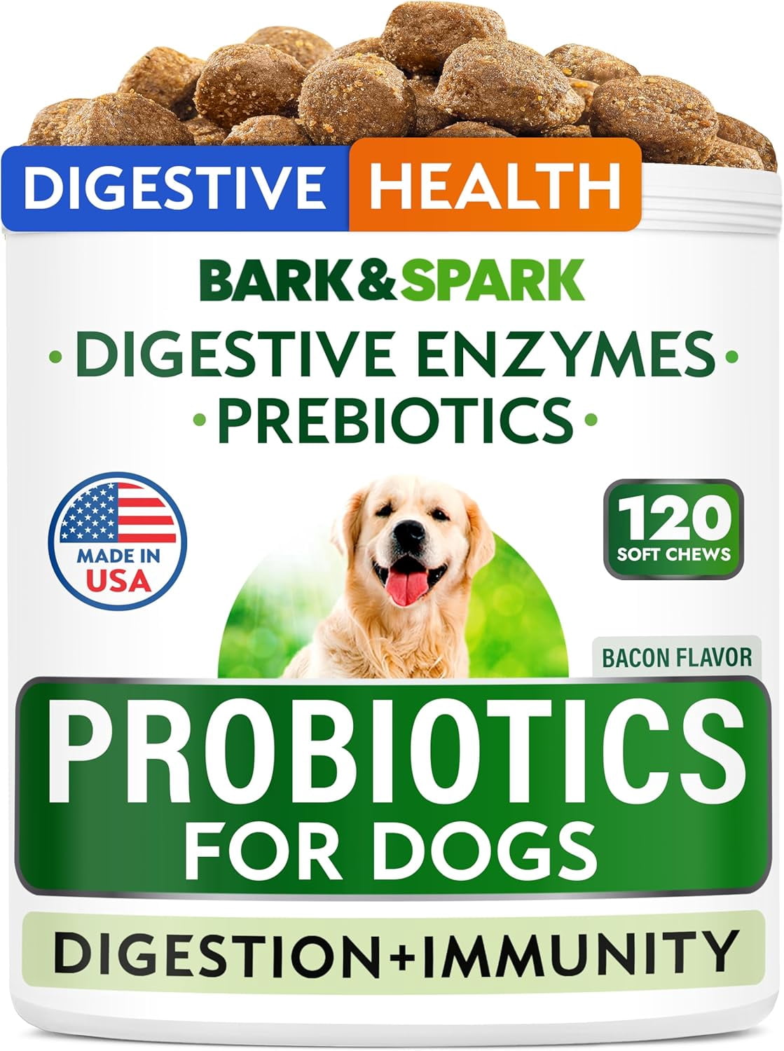 Bark&Spark Probiotic Chews for Dogs - Digestive Enzymes, Diarrhea & Upset Stomach Relief - Gut Health, Itchy Skin, Prebiotic, Bacon (120 ct)