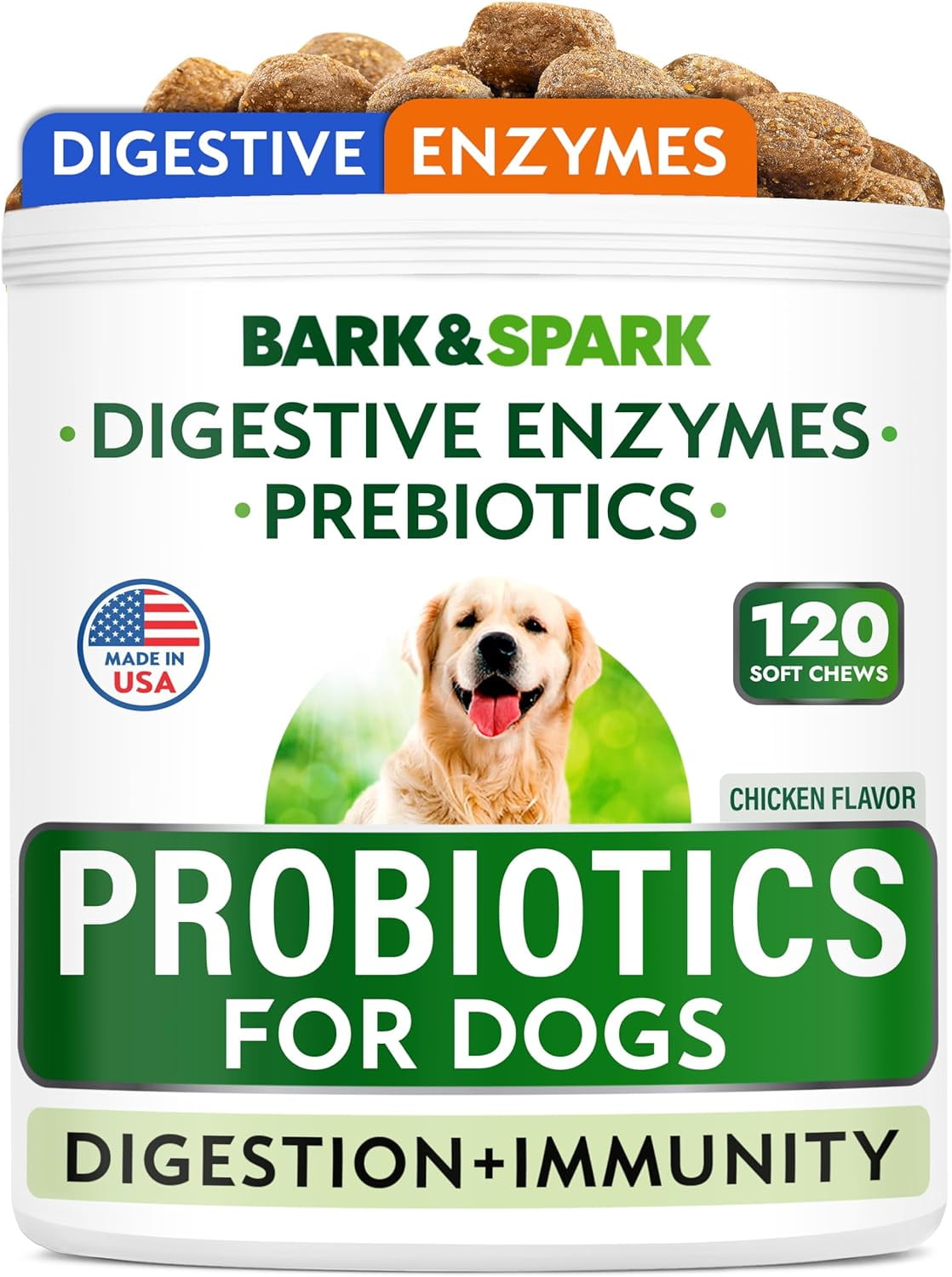 Bark&Spark Probiotics Chews for Dogs & Digestive Enzymes + Digestion & Gut Health Treats, Probiotics for dogs, Fiber Supplement, Anti Diarrhea, Constipation, Upset Stomach&Gas Relief