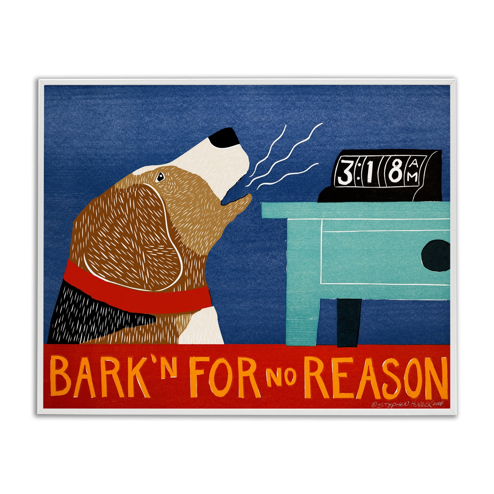 Bark'n For No Reason White Framed Giclee Art, design by Stephen Huneck