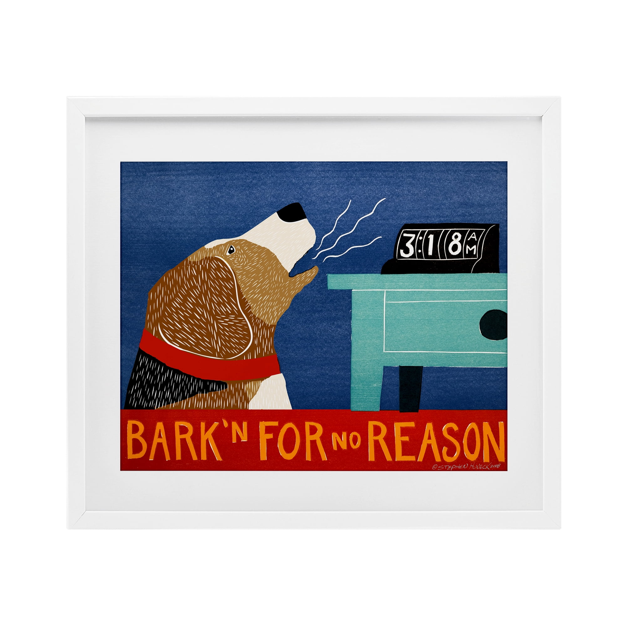 Bark'n For No Reason White Framed Print Under Glass, design by Stephen Huneck