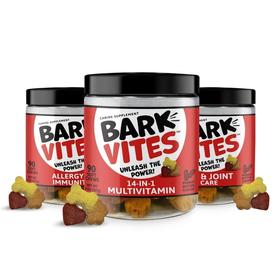 BarkVites 3-in-1 Dog Supplement Bundle Hip & Joint, Allergy Relief & 14-in-1 Multivitamin Soft Chews (90ct Each) Glucosamine, Omega-3, Colostrum, Probiotics, Vitamins for Immune, Skin & Mobility