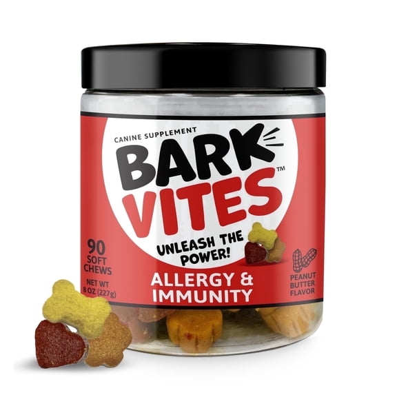 BarkVites Allergy Relief Chews for Dogs - Colostrum, Turmeric & Quercetin Allergy Chews with Salmon Oil Omega-3, Brewer's Yeast, Biotin, Zinc & Vitamin B12 - Immune, Gut & Skin Support, 90ct