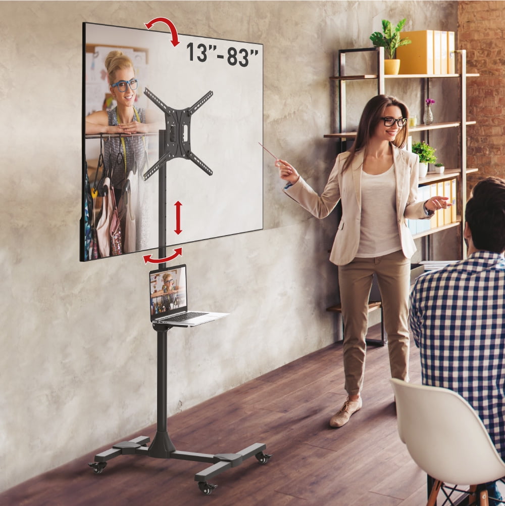 Black Full Motion Mobile TV Cart with Metal Shelf for 13-83 inch Screens