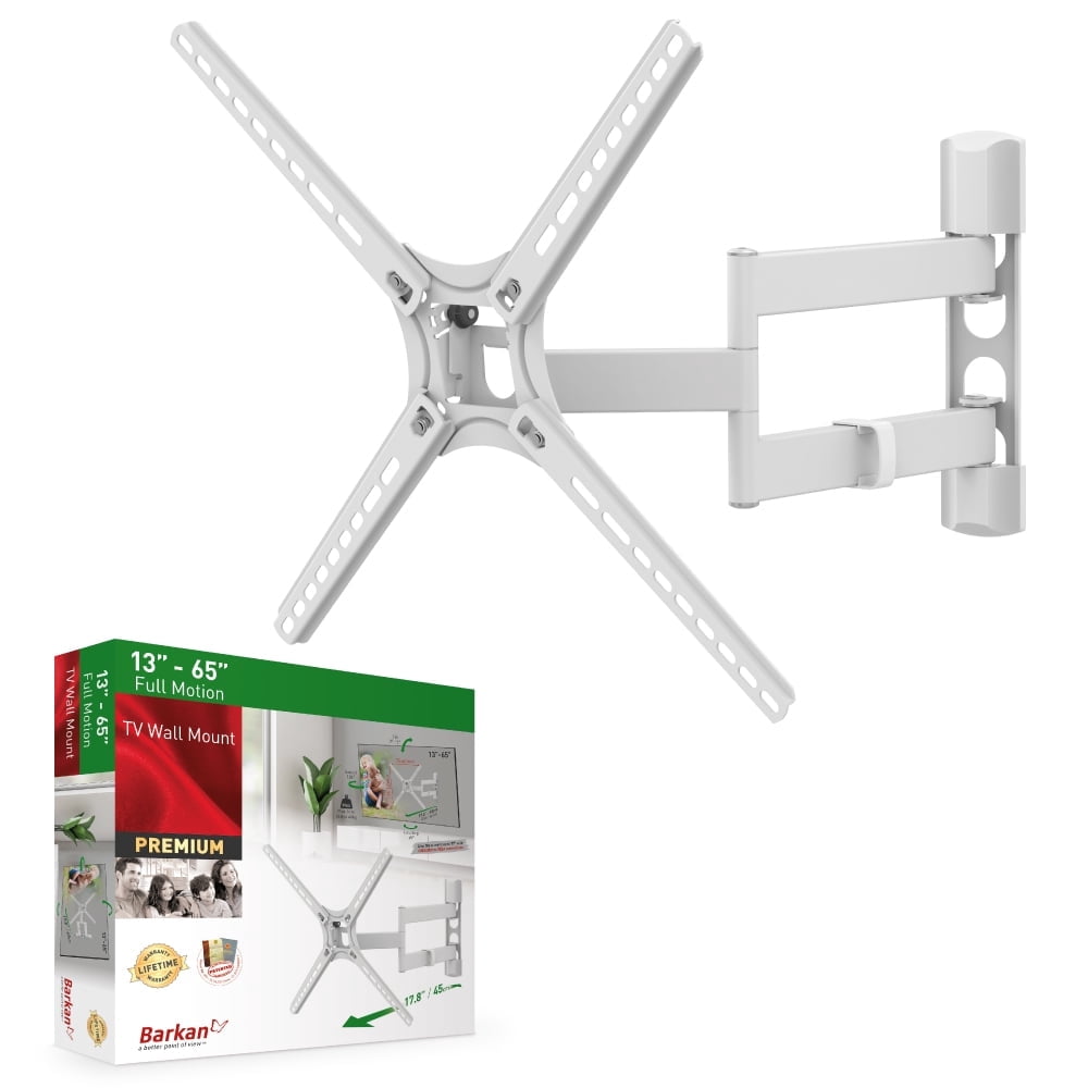 Barkan White TV Wall Mount, 13 - 65 inch Full Motion Patented Flat / Curved Screen Bracket, Holds up to 88lbs, Patented, Fits LED OLED LCD
