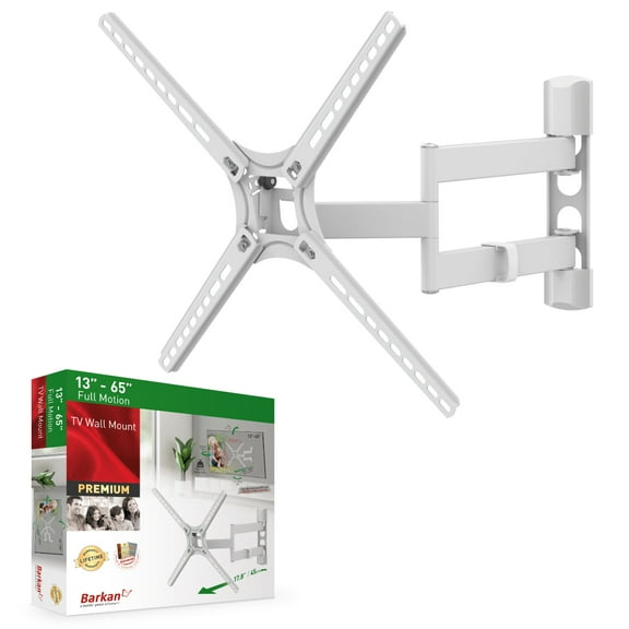 Barkan 29-65 Full Motion-4 Movements, Curved / Flat TV Wall Mount , Dual-Arm, Patented, white, up to 88 lbs, Lifetime Warranty.
