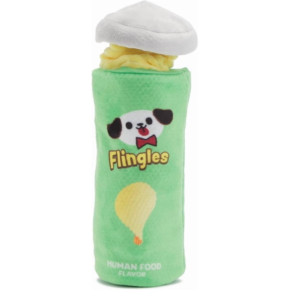 Barkbox Flingles Can Dog Toy  Stackable Chip Plush Toy with Treat-Hiding Can, Crazy Crinkle & Stretchy Bungee  Interactive Fetch & Tug Toy for Small to Medium Dogs
