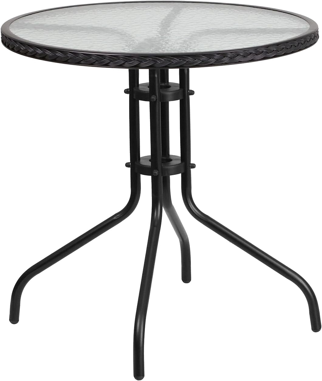 Barker 28'' Round Glass Metal Table with Rattan Edging and 4 Rattan Stack Chairs