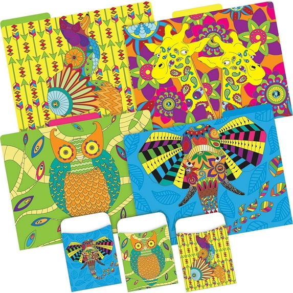 Barker Creek Designer File Folder and Library Pocket Set, Bohemian Animals, 12 Colorful File Folders and 30 Coordinating Peel & Stick Library Pockets, Home, School and Library Supplies (3536)
