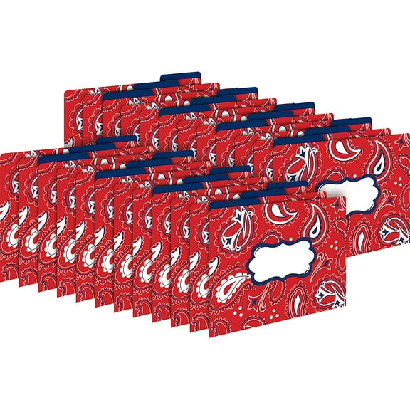 Barker Creek Designer File Folder Set of 24, Bandana, Colorful Bandana Pattern on Outside, Solid Navy Blue on Inside, 24 Decorative Letter-Sized File Folders in Set (3943)