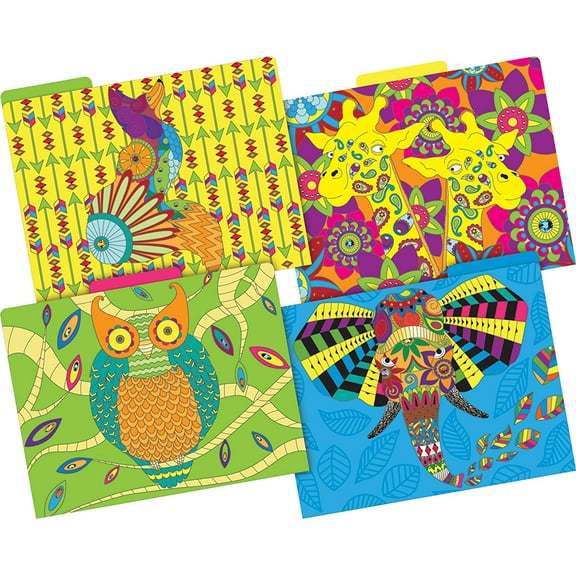 Barker Creek Designer File Folder Set of 24, Bohemian Animals, Multi-Design Set with Boho Animals on Outside, Solid Colors on Inside, 24 Decorative Letter-Sized File Folders in Set (3963)