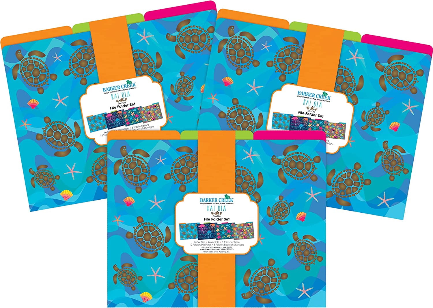 Barker Creek Designer File Folders, Kai Ola Sea Life, Multi-Design Set with Tropical Sealife on Outside, Vibrant Solid Colors on Inside, Letter Size File Folders, 1/3 Cut Tabs, Set of 36 (4311)