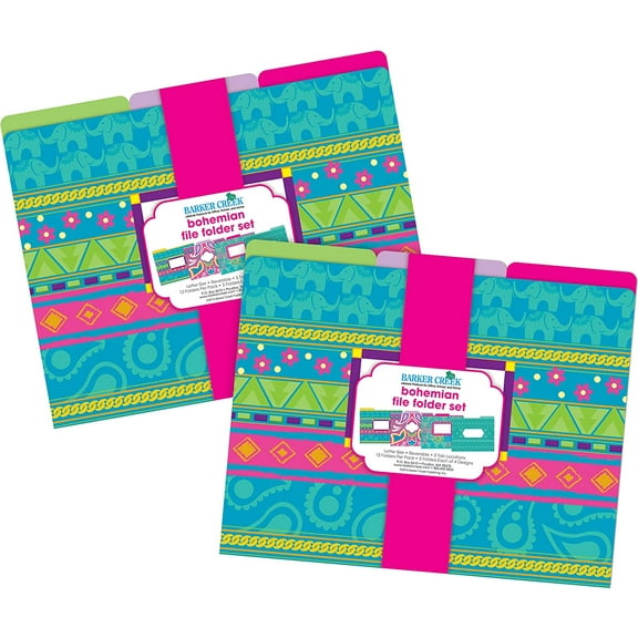 Barker Creek Designer File Folders Set of 24, Bohemian, Multi-Design, Playful Patterns on Outside, Solid Colors on Inside, Letter Size, 1/3 Cut Tabs, 24-Set, Home, School and Office Supplies (3961)