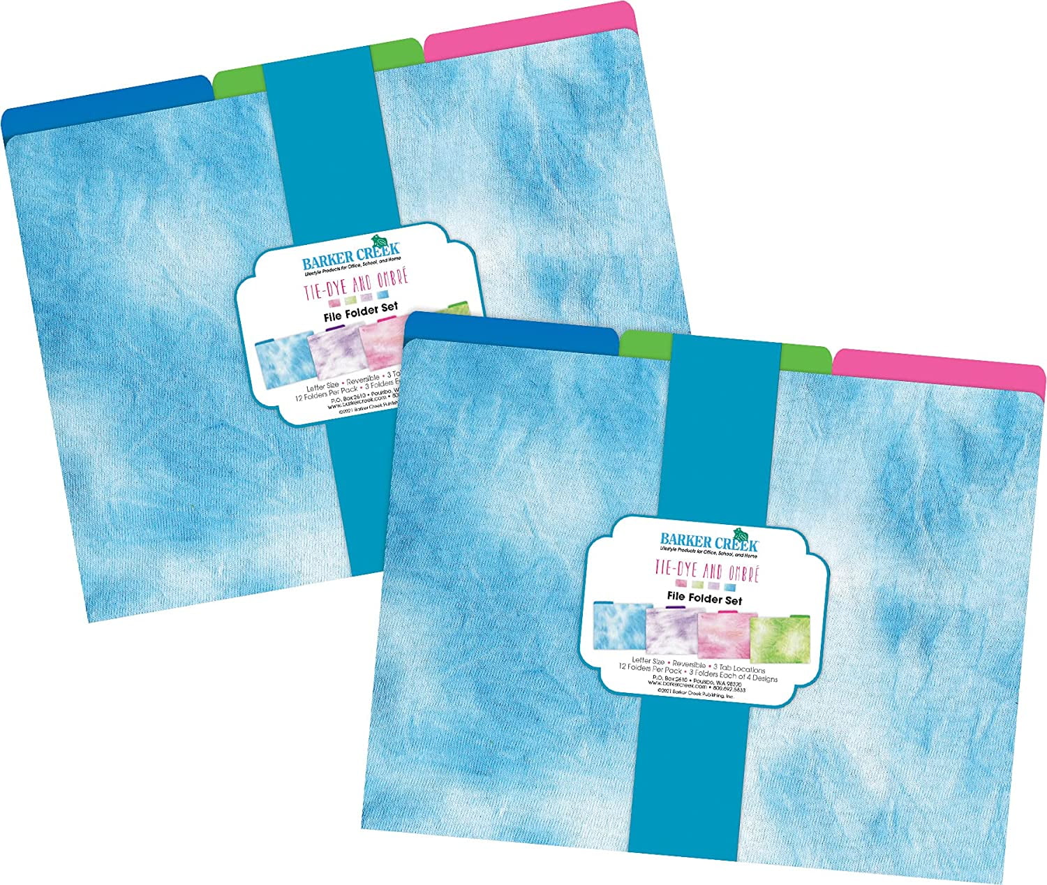Barker Creek Designer File Folders Set of 24,Tie-Dye & Ombré, Multi-Design Set with Tie-Dye on Outside, Vibrant Solid Ombré Colors on Inside, Letter Size File Folders, 1/3 Cut Tabs, 24-Set (4325)