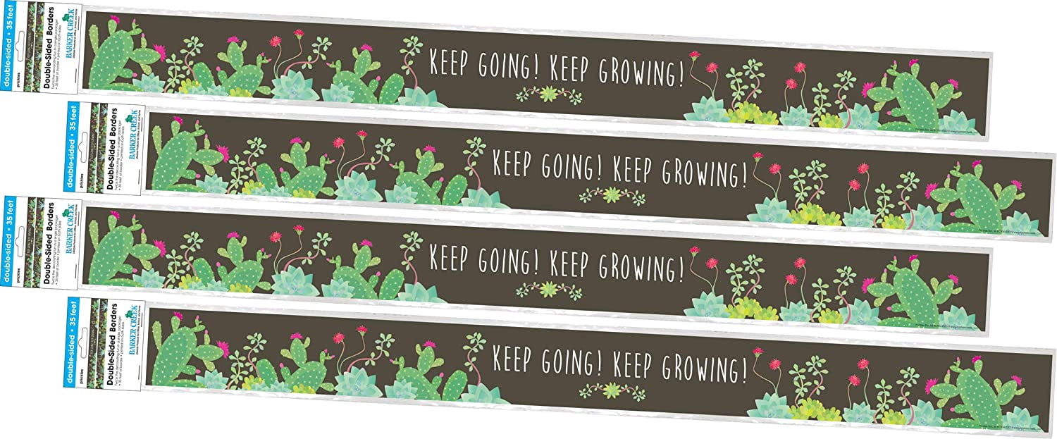 Barker Creek Double-Sided Border 4-Pack, Prickles, 140' of Double-Sided Border, Colorful Succulents on a Chocolate Background, Motivational Quote on One Side, 3" x 140' (4051)