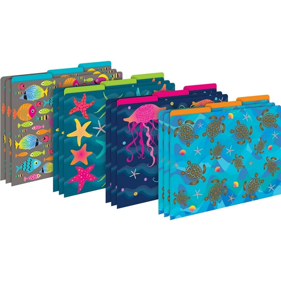 Barker Creek Kai Ola File Folders, 12-Pack, Multi-Design Set with Tropical Sea Life on Outside, Vibrant Solid Colors on Inside, Letter Size File Folders, 1/3 Cut Tabs, Pack of 12 (1373)