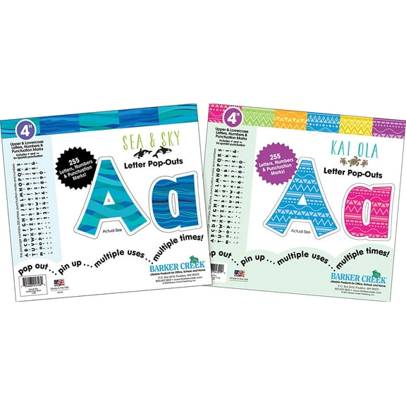 Barker Creek Letter Pop-Out Set of 2, 4" Kai Ola and Sea & Sky, Mixed-Design, 255 Upper and Lowercase Letters, Numbers & Punctuation Marks in Each of 2 Designs, 510 Characters Total (4130)