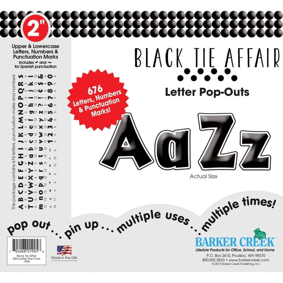 Barker Creek Letter Pop-Outs, 2 Black Tie Affair, Multicolor Designer Letters for Bulletin Boards, Breakrooms, Reception Areas, Signs, Displays, and More! 2, 676 Characters per Set (1905)
