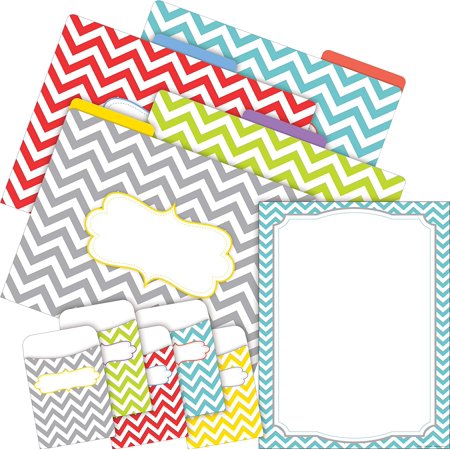 Barker Creek On-Trend Organizer Set, Beautiful Chevron, Coordinated Set includes 12 Designer File Folders, 50 Sheets of Decorative Computer Paper, and 30 Peel & Stick Library Pockets (4092)