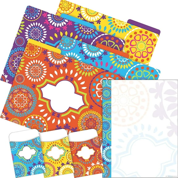 Barker Creek On-Trend Organizer Set, Moroccan, Coordinated Set includes 12 Designer File Folders, 50 Sheets of Decorative Computer Paper, and 30 Peel & Stick Library Pockets (4095)