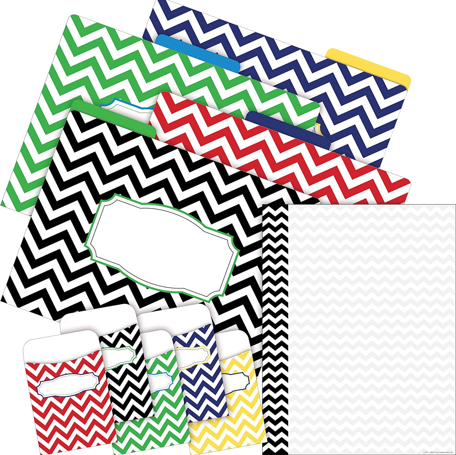 Barker Creek On-Trend Organizer Set, Nautical Chevron, Coordinated Set includes 12 Designer File Folders, 50 Sheets of Decorative Computer Paper, and 30 Peel & Stick Library Pockets (4093)