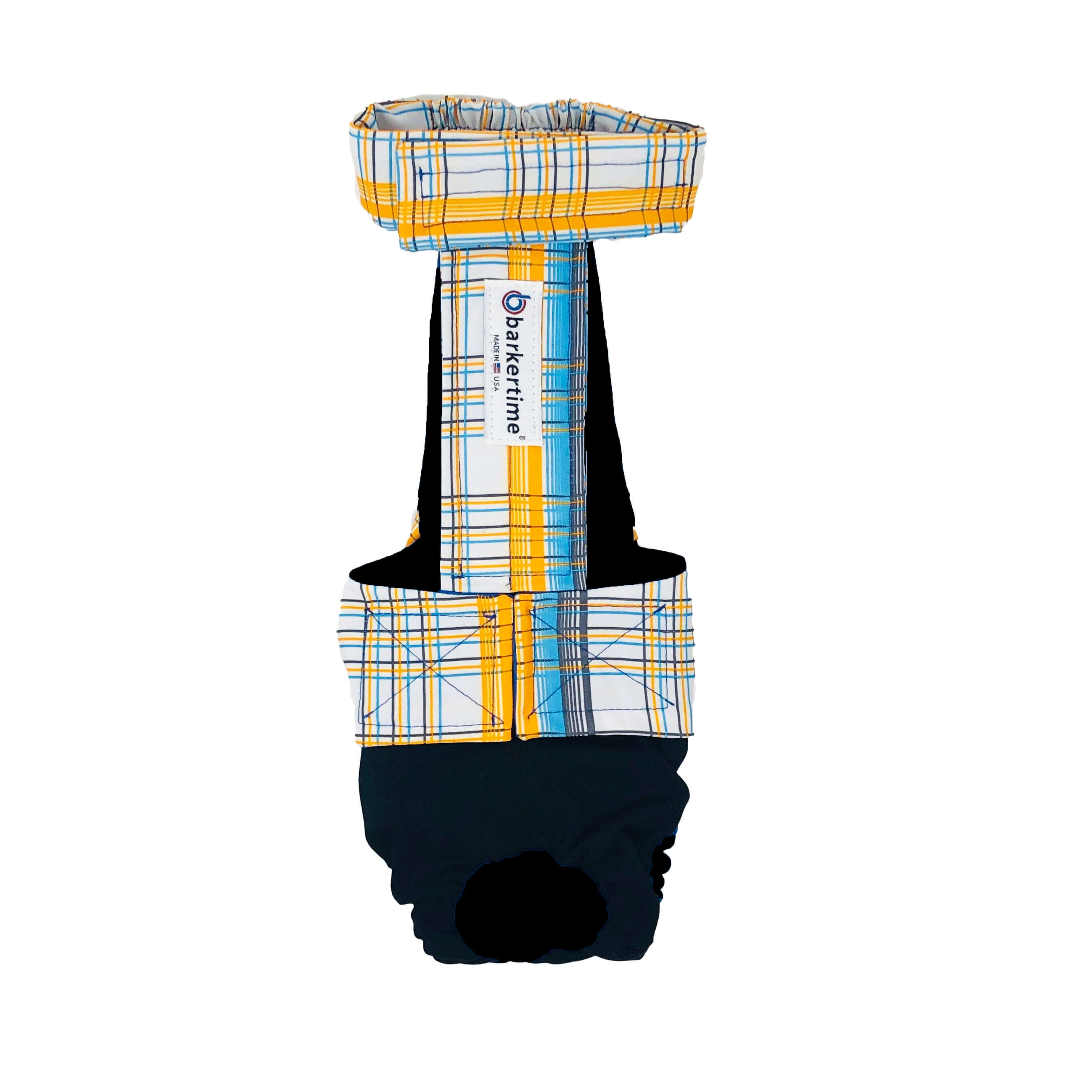 Barkertime Blue Yellow Plaid on Black Dog Diaper Overall