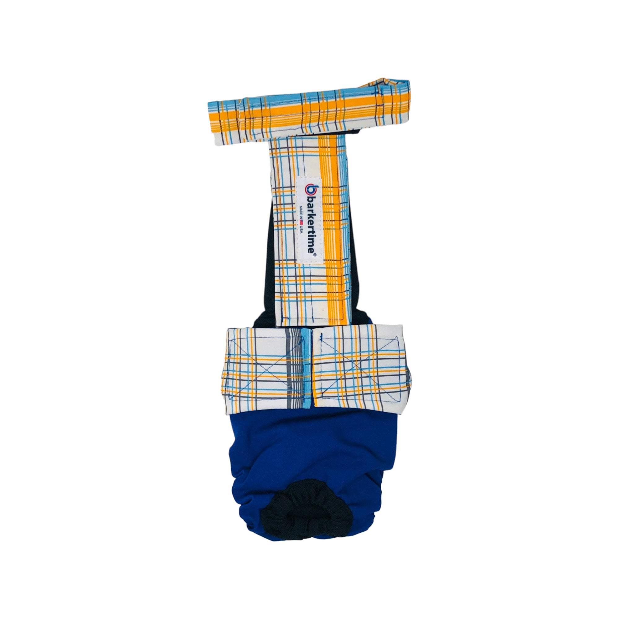 Barkertime Blue Yellow Plaid on Blue Dog Diaper Overall