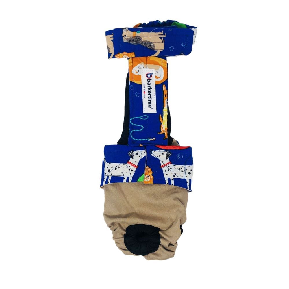 Barkertime Happy Doggie Blue on Brown Dog Diaper Overall
