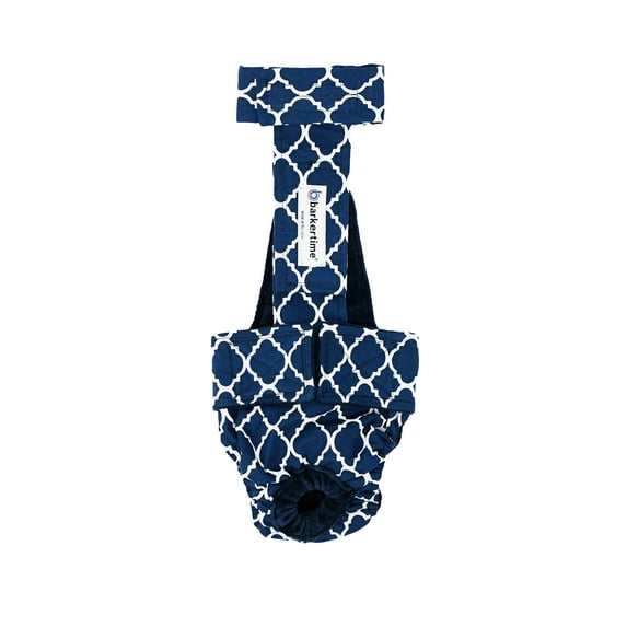 Barkertime White Quatrefoil on Blue Escape-Proof Washable Dog Diaper Overall - Made in USA