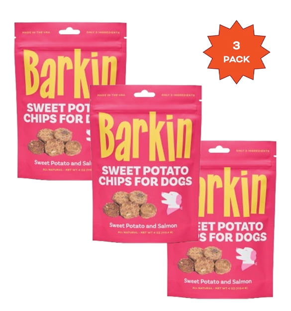 Barkin Protein Jerky Chips Dog Treats, Salmon & Sweet Potato, 90% Protein, Limited Ingredient, High-Protein Training Treats, Made in USA, 3 Pack