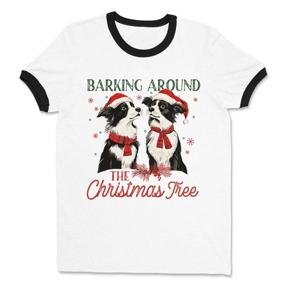 Barking Around the Christmas Tree Ringer Tee Shirt Unisex Large White/Black