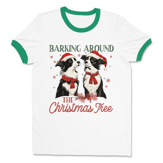 Barking Around the Christmas Tree Ringer Tee Shirt Unisex Medium White/Kelly Green