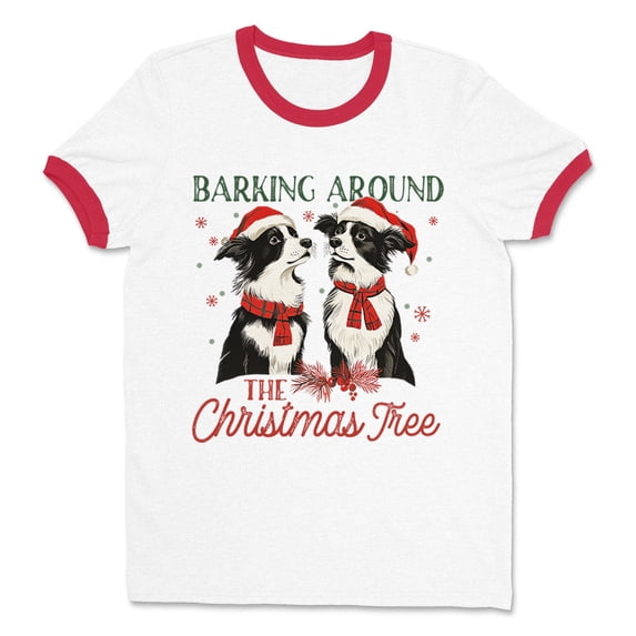 Barking Around the Christmas Tree Ringer Tee Shirt Unisex X-Large White/Red