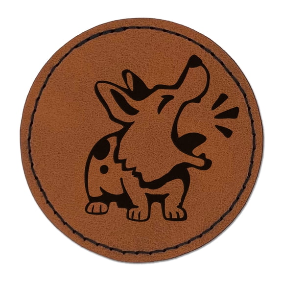 Barking Spotted Dog Corgi 2.5" Faux Leather Round Engraved Iron-On Patch - Brown