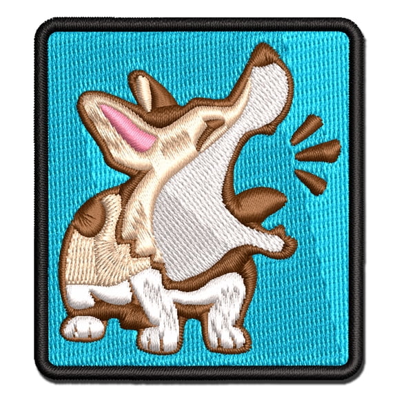 Barking Spotted Dog Corgi Applique Multi-Color Embroidered Hook & Loop Patch - 3 Inch Medium