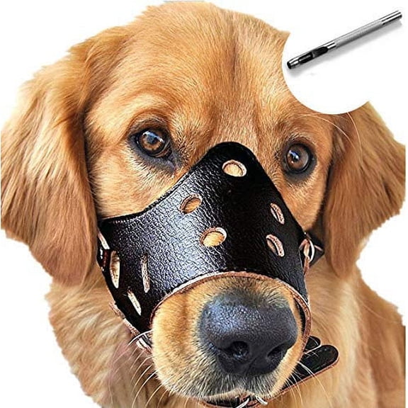 Barkless Dog Muzzle Leather, Comfort Secure Anti-Barking Muzzles for Dog, Breathable and Adjustable, Allows Dringking and Eating, Used with Collars (XL, Black)
