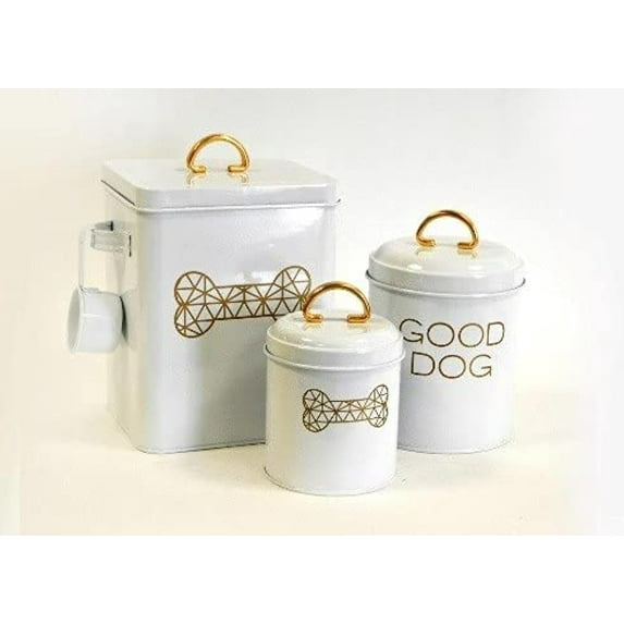Barkley and Evans Barkley & Evans Set of 3 Pet Food & Treat Storage Canisters, Matching Metal Containers Hold Dry Treats for Dogs or Cats - White & Gold