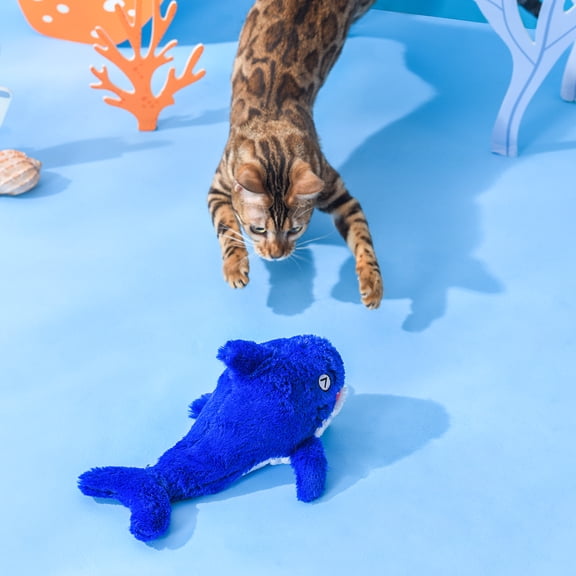 Barkwow Biting Shark Interactive Cat Toy, USB Rechargeable, Motion-Activated Flopping, Plush Material, with Catnip Pocket