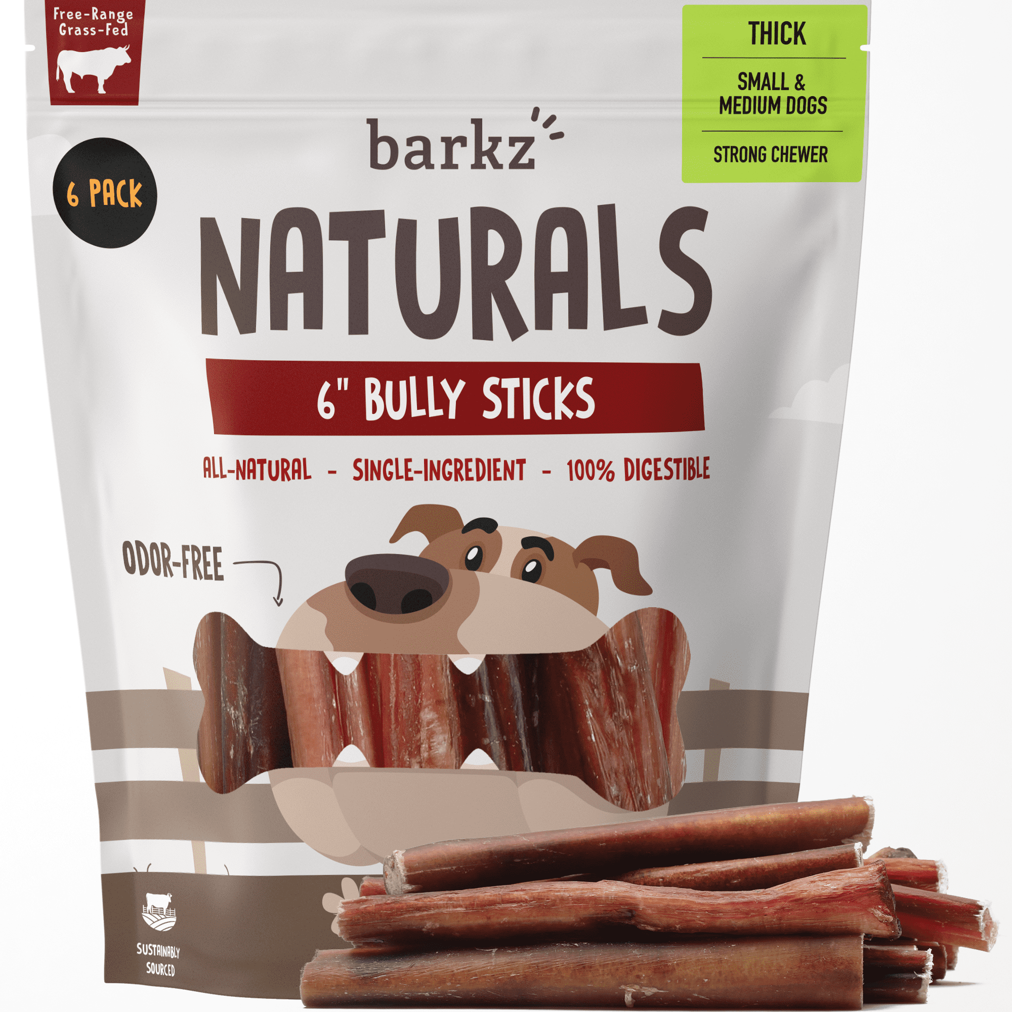 Barkz Naturals 6 Inch Thick Odor-Free Bully Sticks for Small to Medium Dogs, (6 Inch, 6 Pack), Strong Chewers, All-Natural Beef Pizzle Dog Chews