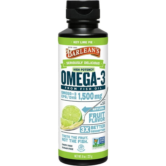 Barlean's Key Lime Pie High Potency Omega 3 Fish Oil Liquid Supplement, 1500mg of EPA& DHA Fatty Acid, Smoothie Flavored & Burpless for Brain, Joint, & Heart Health, 8 oz