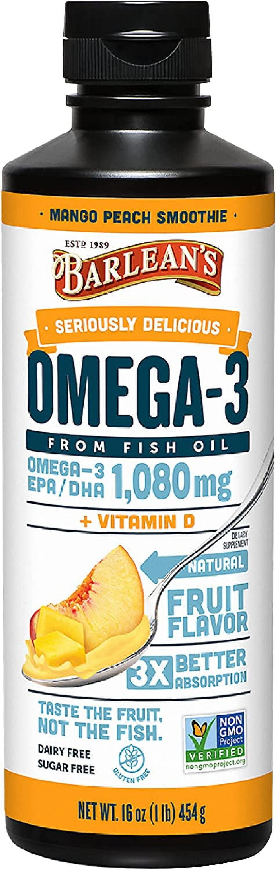 Barlean's Mango Peach Omega 3 Fish Oil Liquid Supplement with Vitamin D