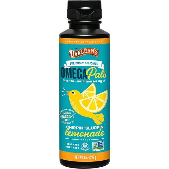 Barlean's Omega Pals Chirpin' Slurpin' Omega 3 for Kids, Yummy Lemonade Flavored Children's Liquid Fish Oil Supplement with 540 mg of EPA & DHA for Brain & Eye Health, 8 oz